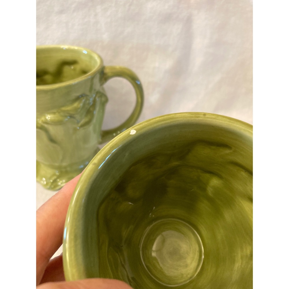 Roscher & Co Set of 3 Green Ceramic Footed Mugs Embossed Leaf Design - Picture 6 of 11